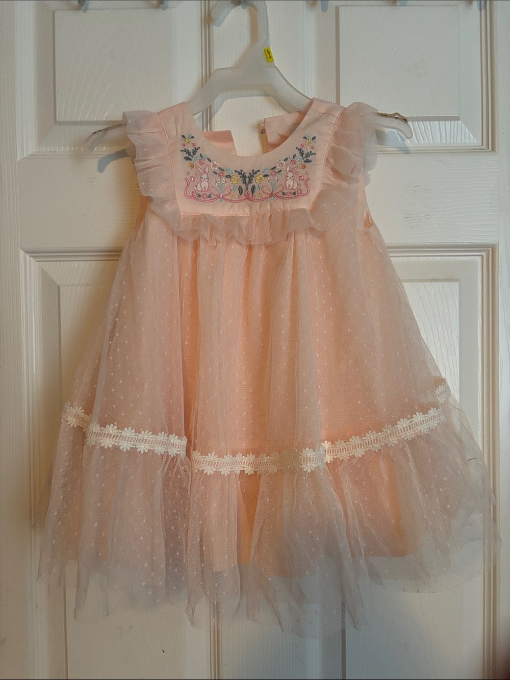 Pink Embroidered Tulle Ruffle Flower Girl Dress